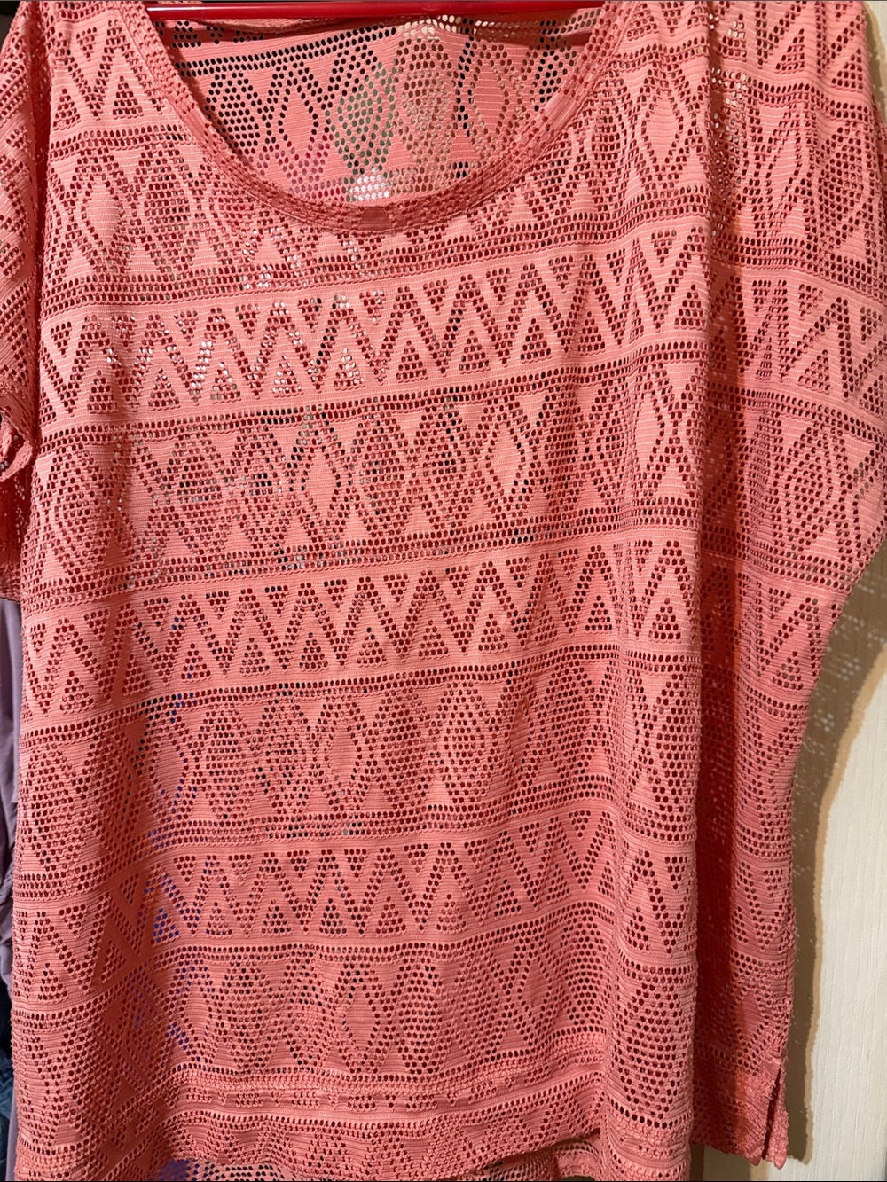 Cato Coral Pink Crochet Short Sleeve Top - Geometric Openwork